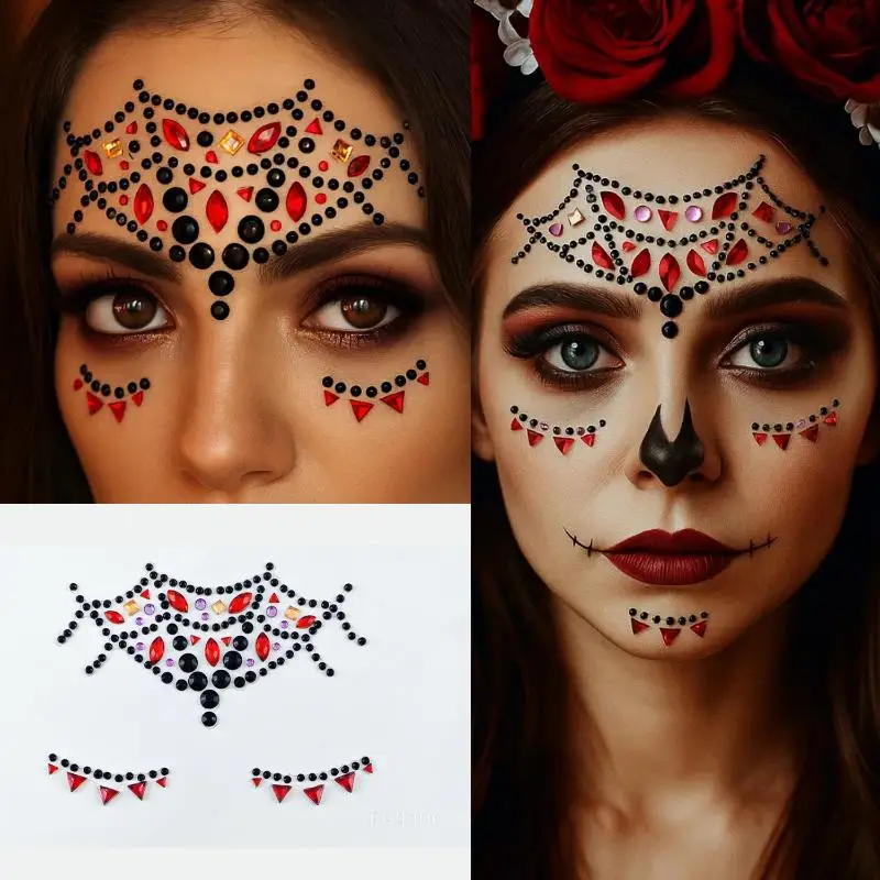 Face Jewel Stickers Colorful Flower Skull Sparkly Rhinestone Self Adhesive for Halloween Masquerade Makeup