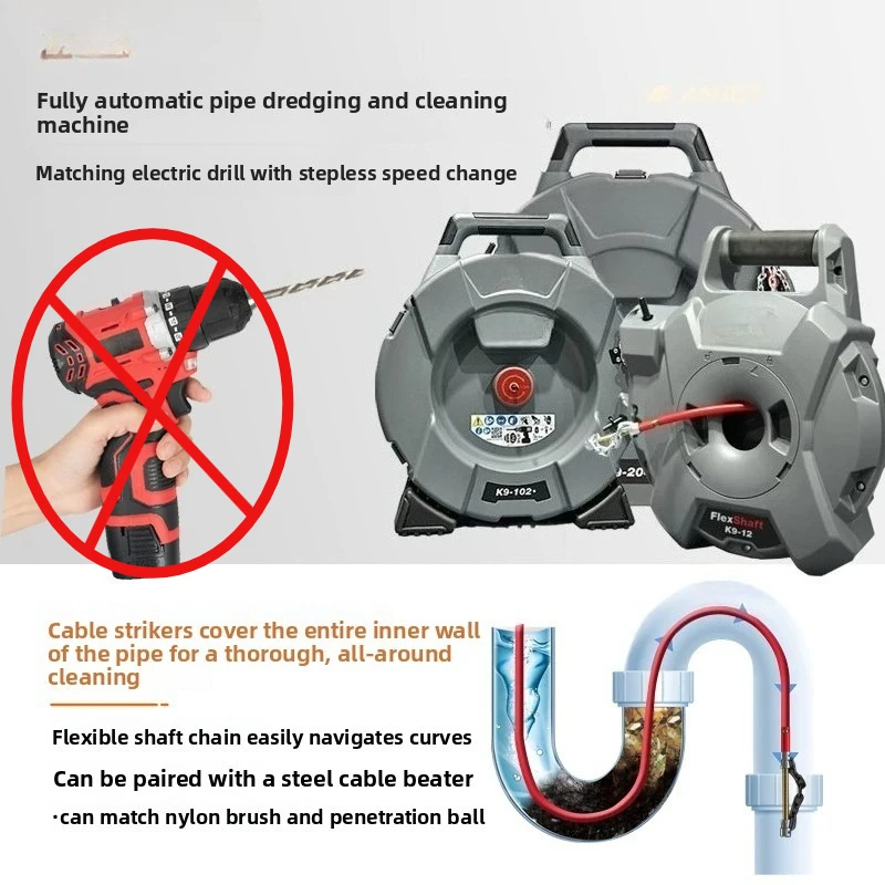 Commercial Electric Drain Cleaner Flexible Shaft Sewer Snake Machine for Grease Clogged Pipes Anti-Tangle Cable Free Shipp