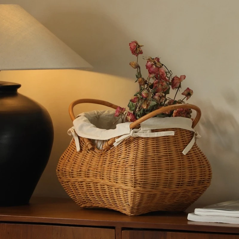 

Rattan Handwoven Flower Basket, Bohemian Plant Basket with Removable Liner, Versatile Fruit & Home Decor Basket