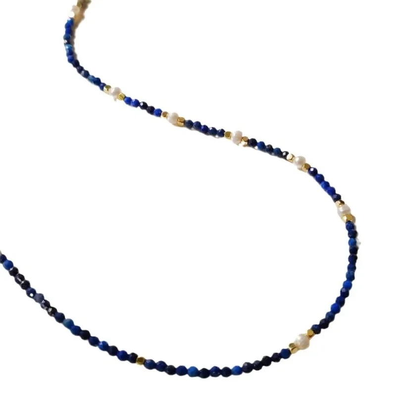 Minar Dainty Navy Blue Lapis Lazuli Natural Stone Freshwater Pearl Beaded Necklace Women\'s 14K Gold Plated Copper Strand Choker