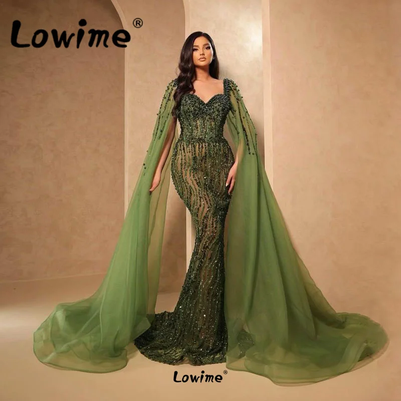 Cape Sleeve Dubai Arabic Pearl Beaded Long Evening Dresses Women Luxury Mermaid Party Gowns Custom 2023 Blue Orange Green Robes