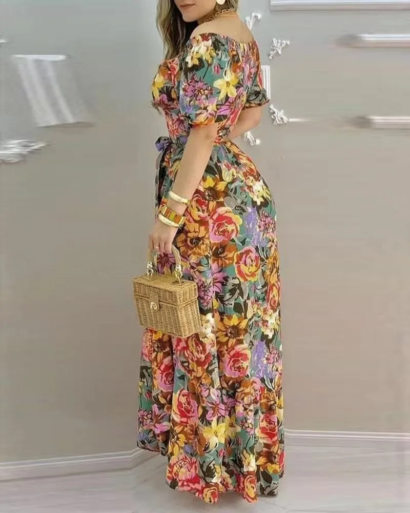 Long Dress Woman Streetwear Spring and Summer 2024 Fashion Versatile Elegant Short Sleeved Printed V-neck Waist Tied Dresses