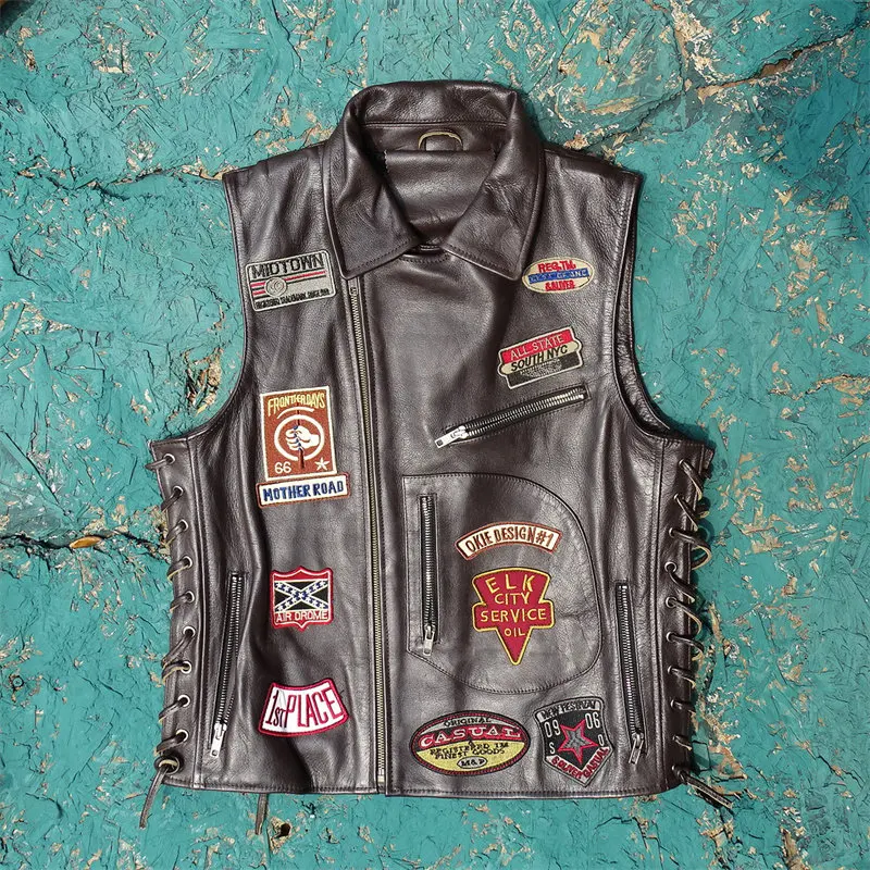 Classic Brown Embroidered Multi-label Strapped Biker Vest Genuine Top-Grade Imported Cowhide Leather vest Unisex