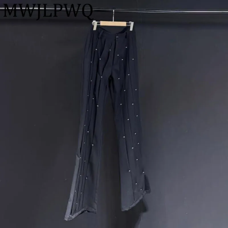 

MWJLPWQ Metal Pleated Design 2025 New Black Flared Pants Male High Street Chic Loose Casual Unisex Trousers 2025 Autumn 12254