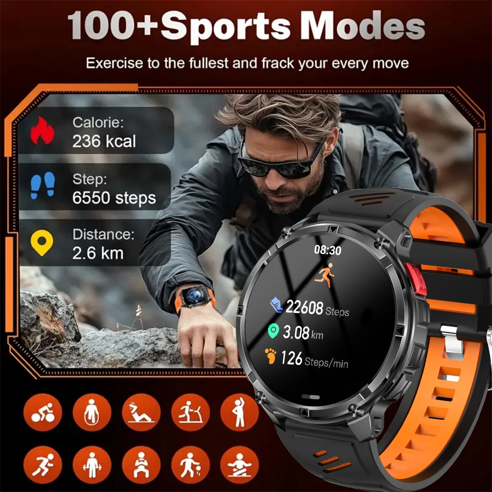 นาฬิกาสมาร์ทโฟนบลูทูธ DAORKOW 2025 รุ่นใหม่ แบตเตอรี่ 1100 mAh พร้อม GPS เข็มทิศ วัดความสูง กันน้ำ 10 ATM สำหรับผู้ชายและผู้หญิง