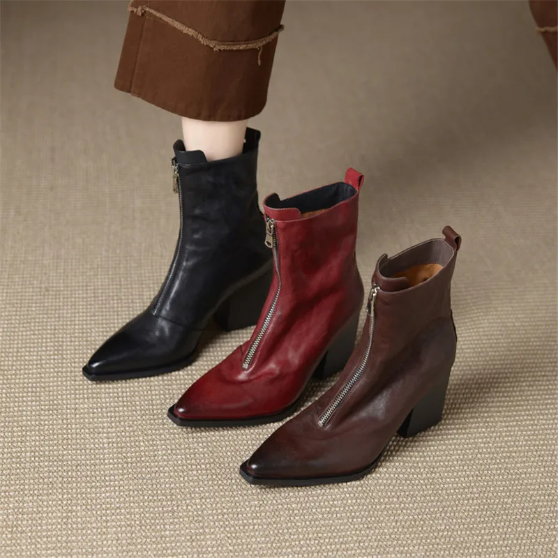 

New Autumn/winter Genuine Leather Women Boots Pointed Toe Shoes for Women Fashion Boots High Heels Short Boots Chunky Heels