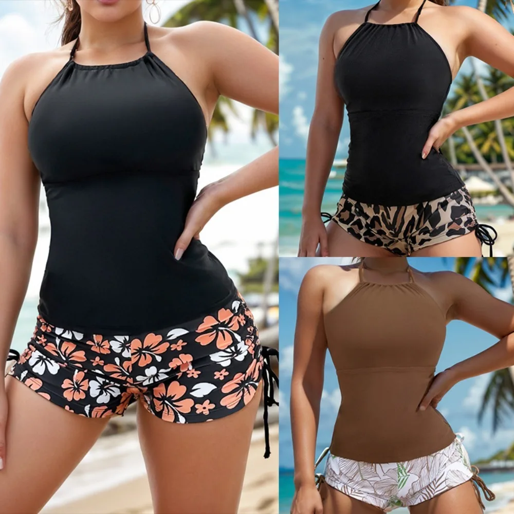 2024 High Waist Bikinis Women Neck Swimsuit Floral Swimwear Female & Drawstring Shorts Bathers Bathing Swimming Suit Beachwear