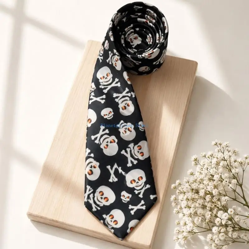 652B Halloween Skull Necktie for Adults, Black Skeleton Print Pointed Polyester Tie for Costume Parties and Cosplay