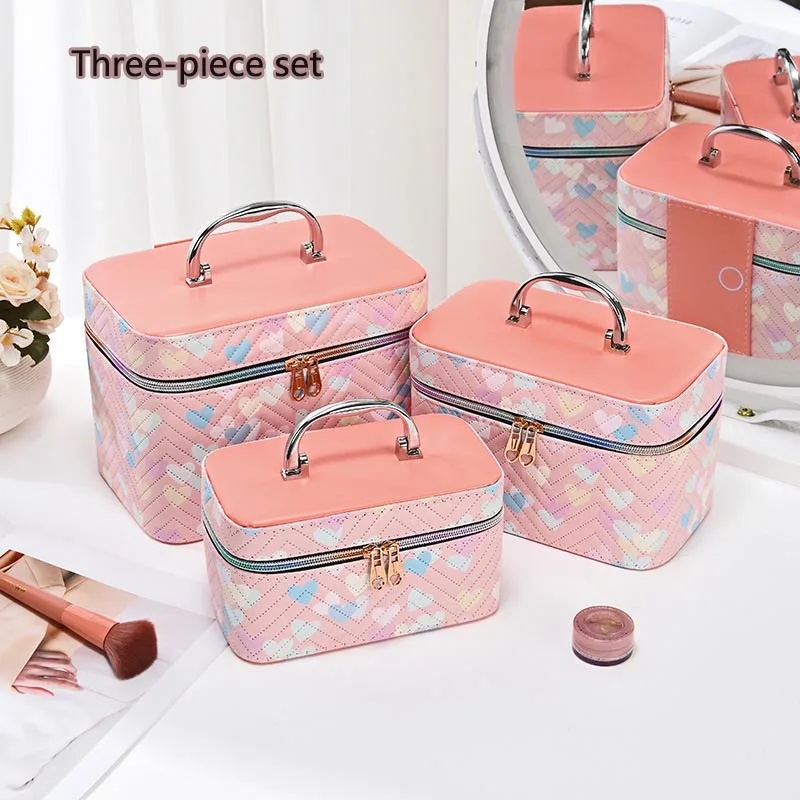 3 Piece Send Gift Makeup Bag Heart Printed PU Waterproof Handbag Women Leisure Large Capacity Cosmetic Storage Bags Trend