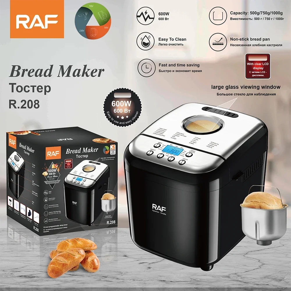 RAF Popular Multifunctional Automatic LCD Non-stick Bread Pan Bread Maker Machine For Home With Large Glass Viewing Window
