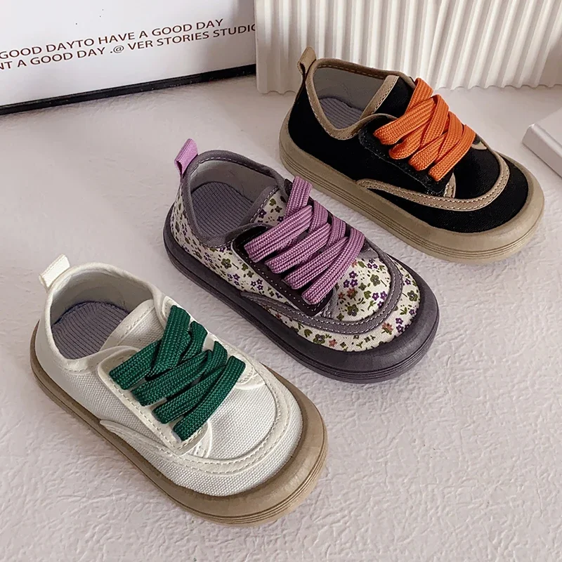 Children Fashion Versatile Soft Canvas Shoes Floral Print Casual Kids Shoes Drop Shipping Lace-up 2024 Spring New for Boys Flats