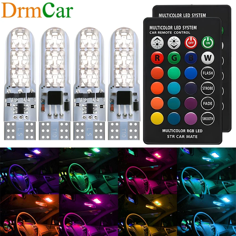 4X T10 5050 6SMD Car Signal Atmosphere Bulbs DC 12V Waterproof W5W Remotes Controller RGB 194 168 Dome Light Silicone Wedge Side