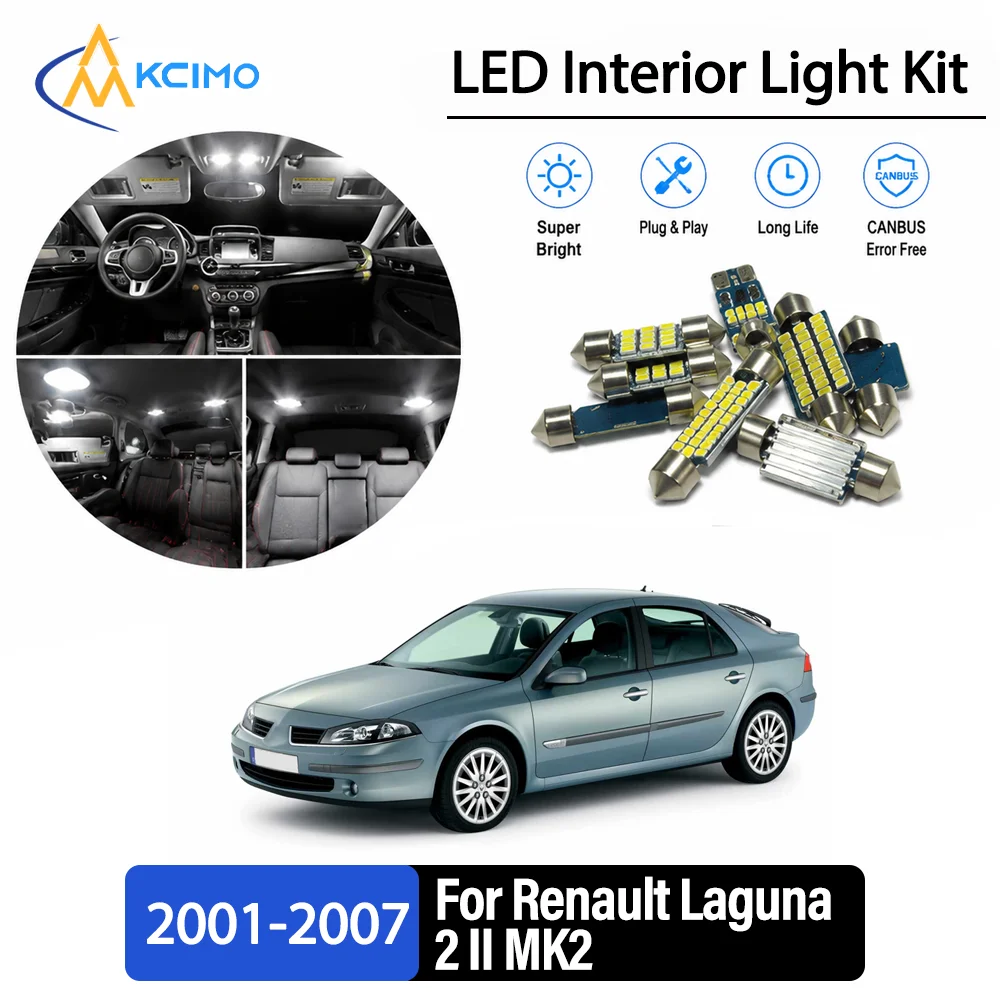 For Renault Laguna 2 II MK2 2001-2007 Premium No-Wire Continuous Glow Auto Interior LED Bulb Remodel Set Cabin Refit Lamps