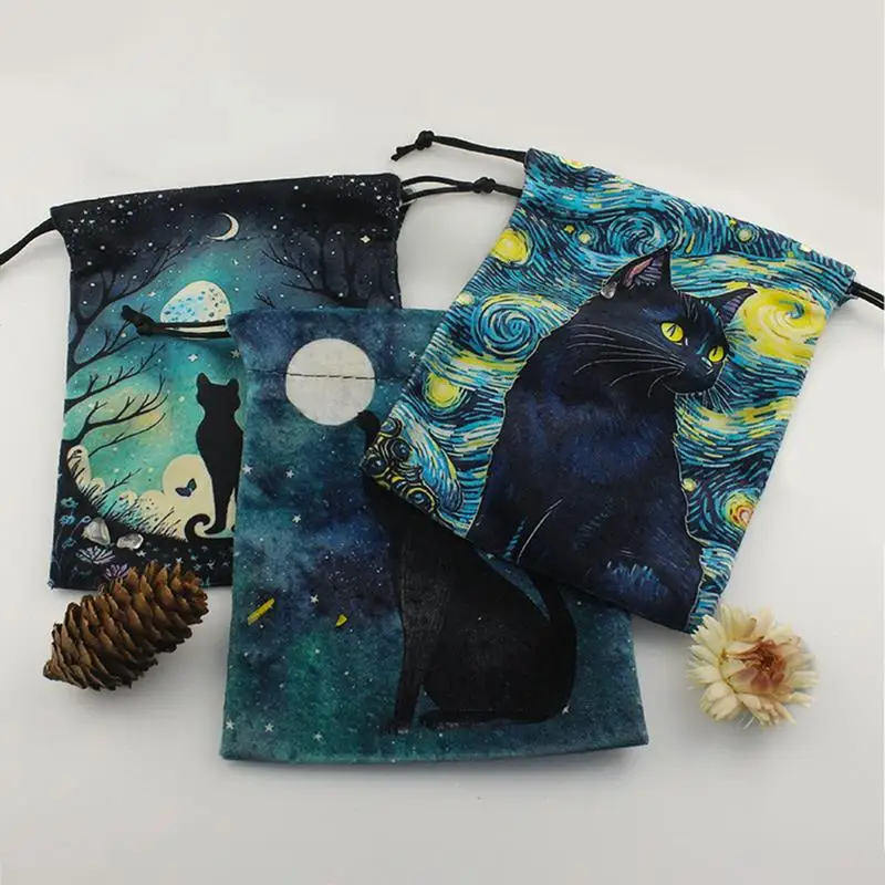 Jewelry Pouch Velvet Mystery Velvet Pouches With Drawstrings Printed With Black Cat Pattern Tarot Card Pouch Organizer Bag