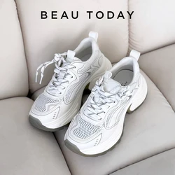 BEAUTODAY Chunky Sneakers Women Mesh Mixed Gray Round Toe Lace-up Thick Sole 2024 Spring Breathable Female Shoes Handmade 29A17