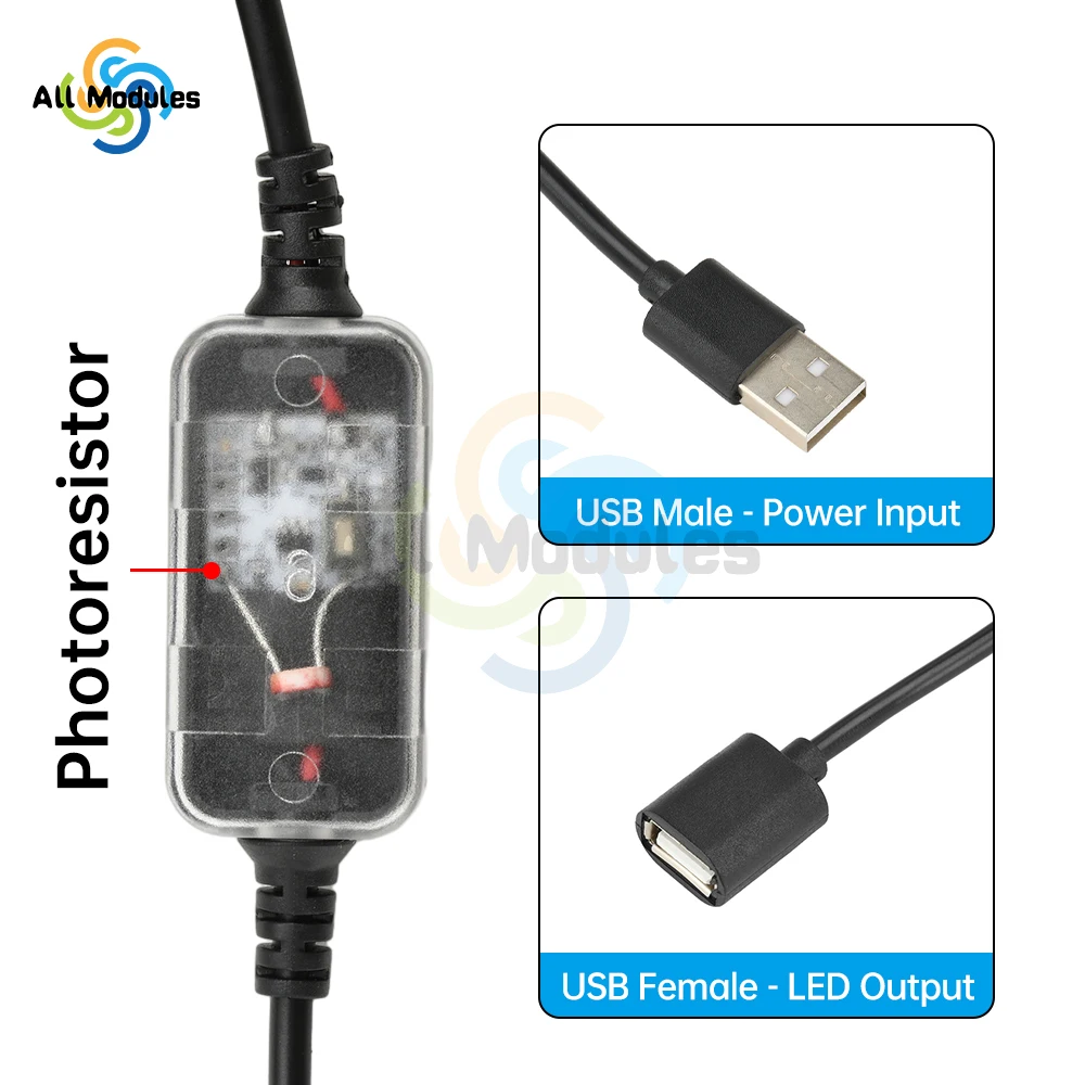 Interruptor de Sensor de luz, interruptor de Sensor de Control de luz, Cable USB, Cable de Sensor de luz de encendido automático de día/noche para luces de techo, tira LED