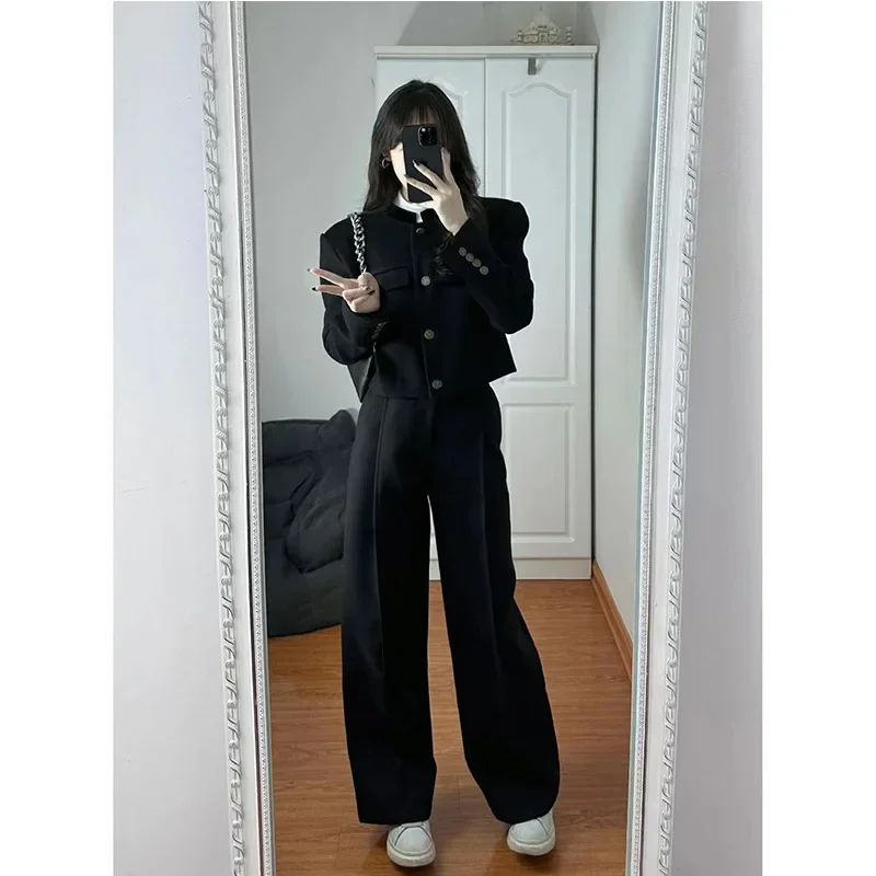 Korean Black Two Piece Sets Women Outifits Autumn Winter Long Sleeve Cropped Blazer Coat + High Waisted Wide Leg Pant Suits Y2k