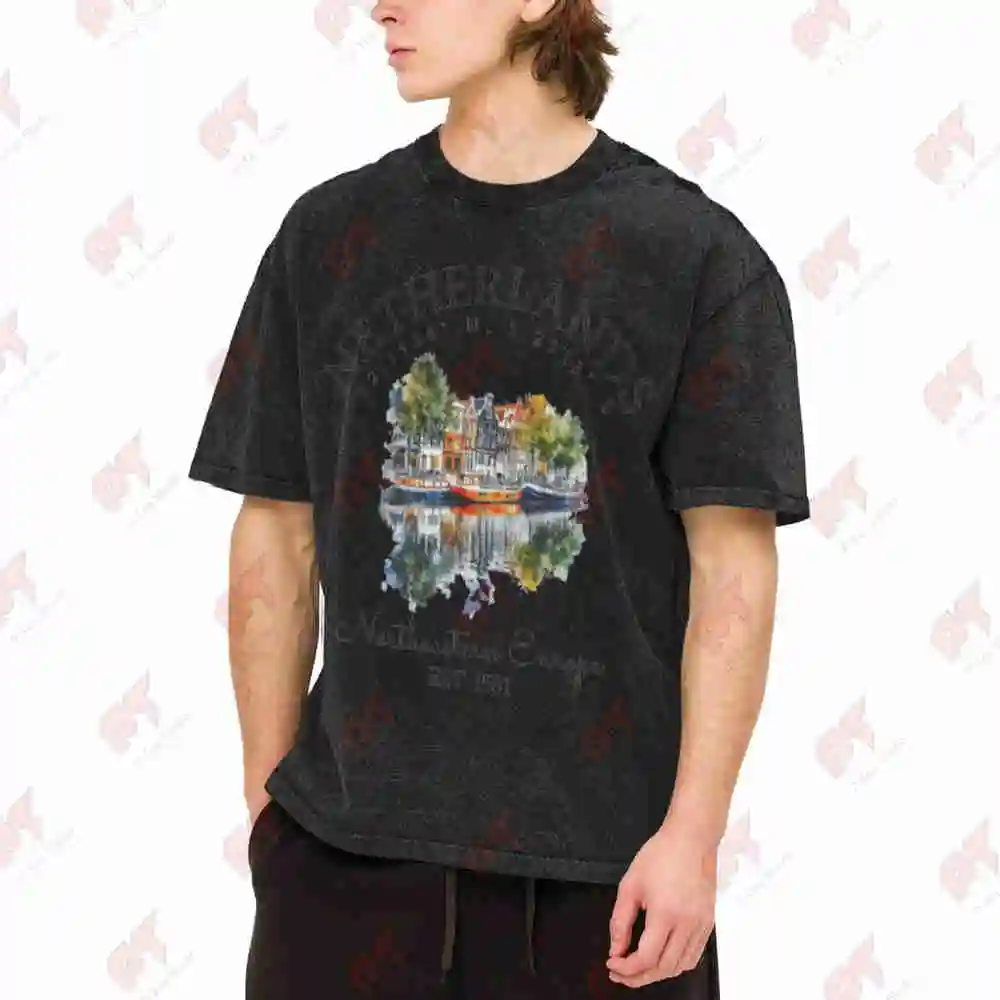 Netherlands Dutch Tulip Canal Vintage Washed Tee Pure Cotton T-Shirt