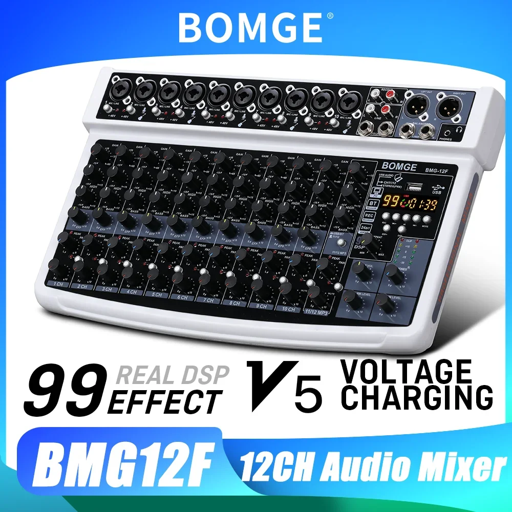 Professional 12 Channel Audio Sound Mixer BOMGE Mixing DJ Console USB 48V Phantom Power 99 DSP Effects Sound Table for Stage