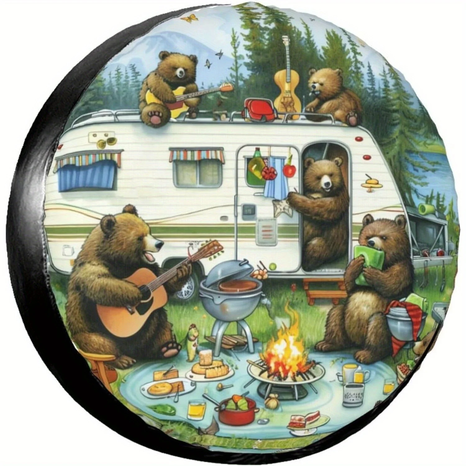 1pc Spring Camping Bears Spare Tire Cover RV, SUV, Truck, Trailer Wheel Protector with Bears Cooking, Guitar Player