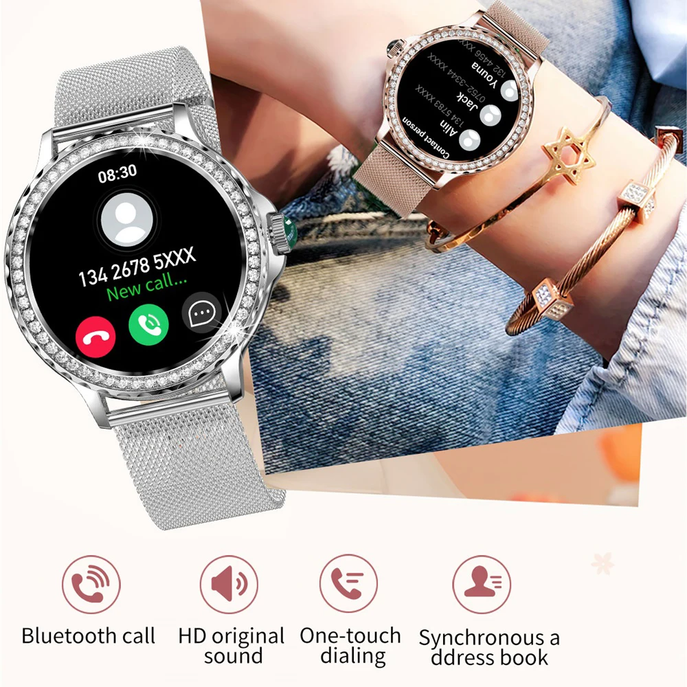 2025 ใหม่ 1.3 "ผู้หญิงฟันสีฟ้า Call สมาร์ทนาฬิกา Heart Rate สร้อยข้อมือฟิตเนสกีฬาเล่นเพลง IP68 กันน้ํา Lady Smartwatch