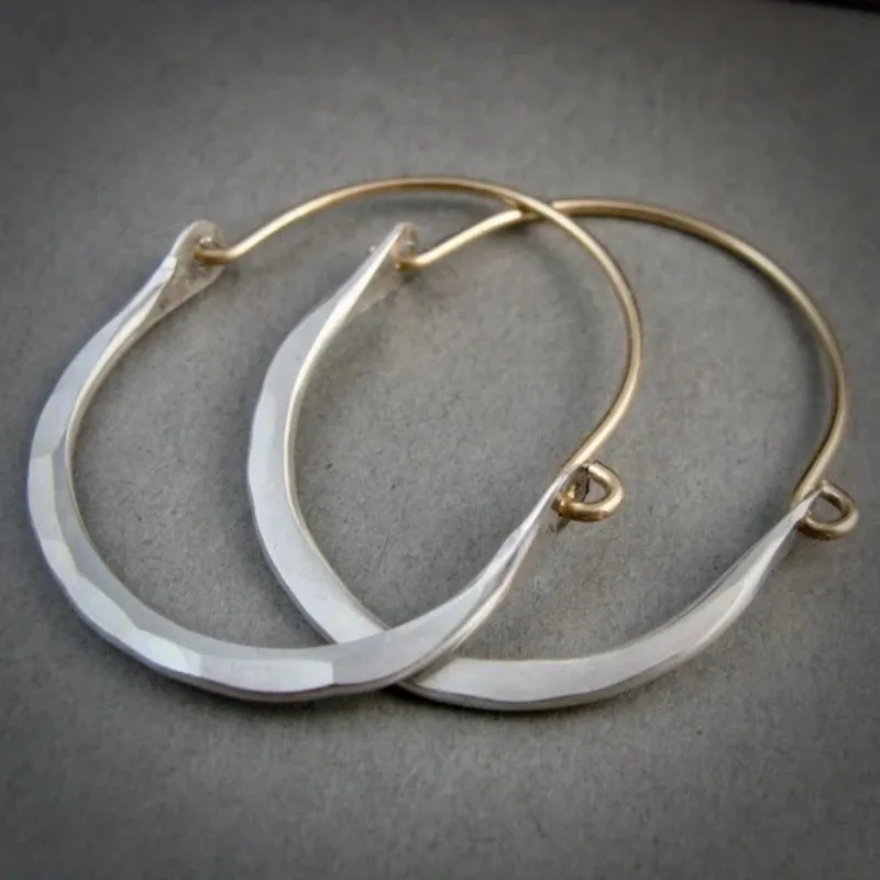 Large Minimalist Copper Hoops, Hammered Silvery Earrings, Two Tone Hoops, Siren Jewels, Gifts for Her