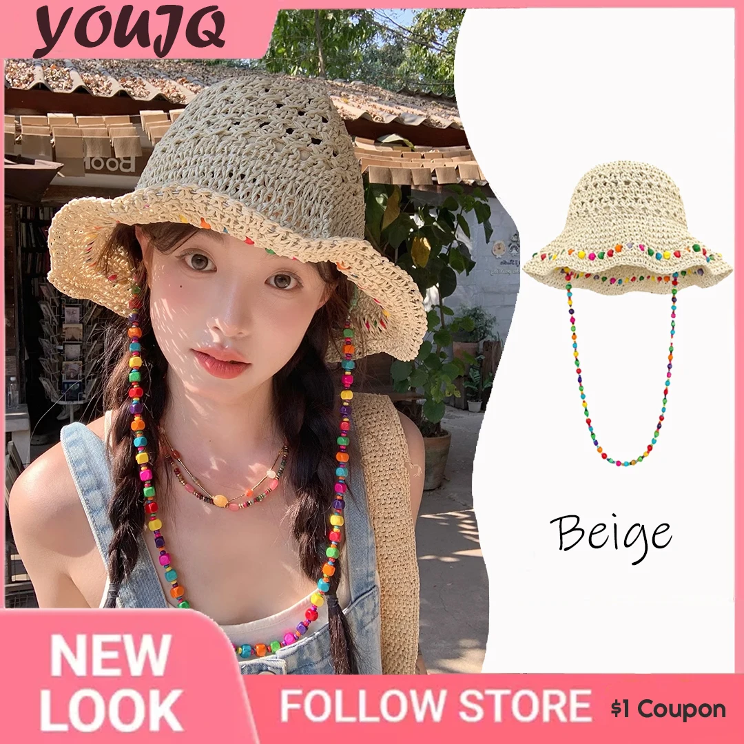

Retro Woven Women's Sunscreen Rainbow Chain Cap Summer Japanese Straw Hat Protective Breathable Hollow Big Brim Beach Sun Hats