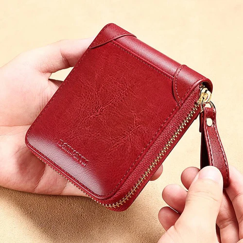 Imagen 2 del producto Cartera cuadrada pequeña de cuero genuino Anti RFID para mujer, monedero Original con cremallera, regalos de cumpleaños