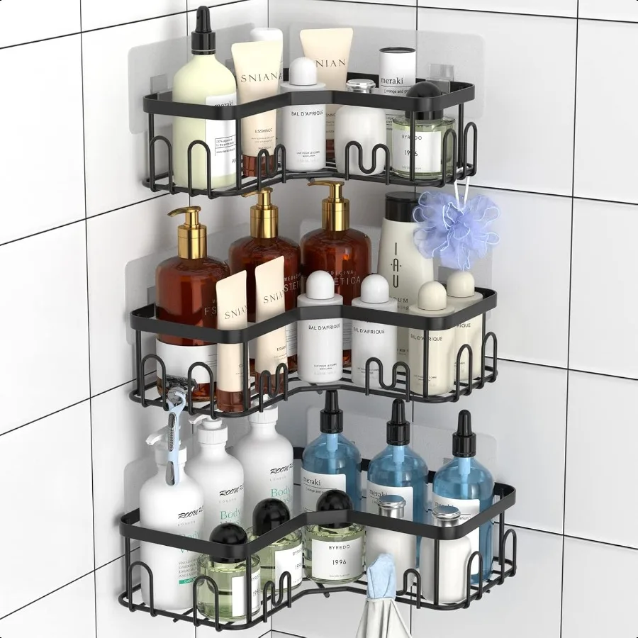

3 Pack Corner Shower Caddy Stainless Steel Corner Shower Shelf with 18 Hooks Adhesive Shower Shelves Shower Organizer Corner fo