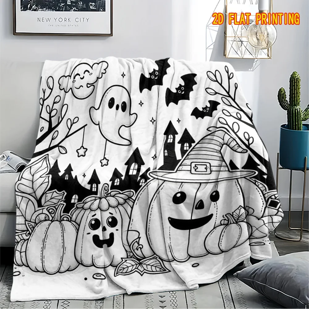 Soft Fleece DIY blanket Halloween Pumpkin Witch Outline Coloring Throw Blanket Washable Line Art Family Art Activity Gift