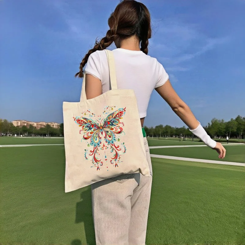 

1pc Colorful Ethnic Butterfly Art Double Sided Print Canvas Tote Bag Large Casual Reusable Single Shoulder Shopping Handbag