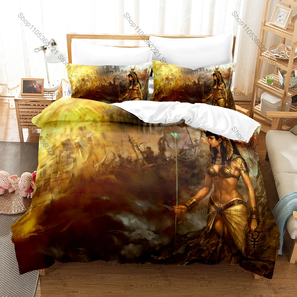 Ancient Egypt Pharaoh Cleopatra Pyramid Sphinx Eye Of Horus Hieroglyph Golden Desert HD Bedding Set Duvet Cover + 2 Pillowcases