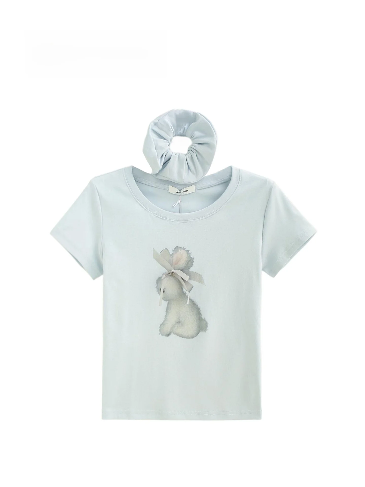 

Summer New Style Pure Desire Short Sleeve Rabbit Print Knot round Neck T-Shirt Women's Top Head Flower Wild Forest