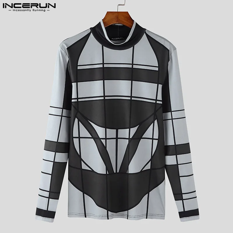 Fashion Casual Style Tops INCERUN Men Printed Locomotive Wind T-shirts Sexy Male Half High Neck Long Sleeved Camiseta S-5XL 2024