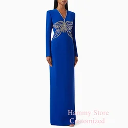 Saud Arab Royal Blue Evening Dress Silver Crystal Customized V Neck Long Sleeves Straight Floor Length Arabian Party Gown