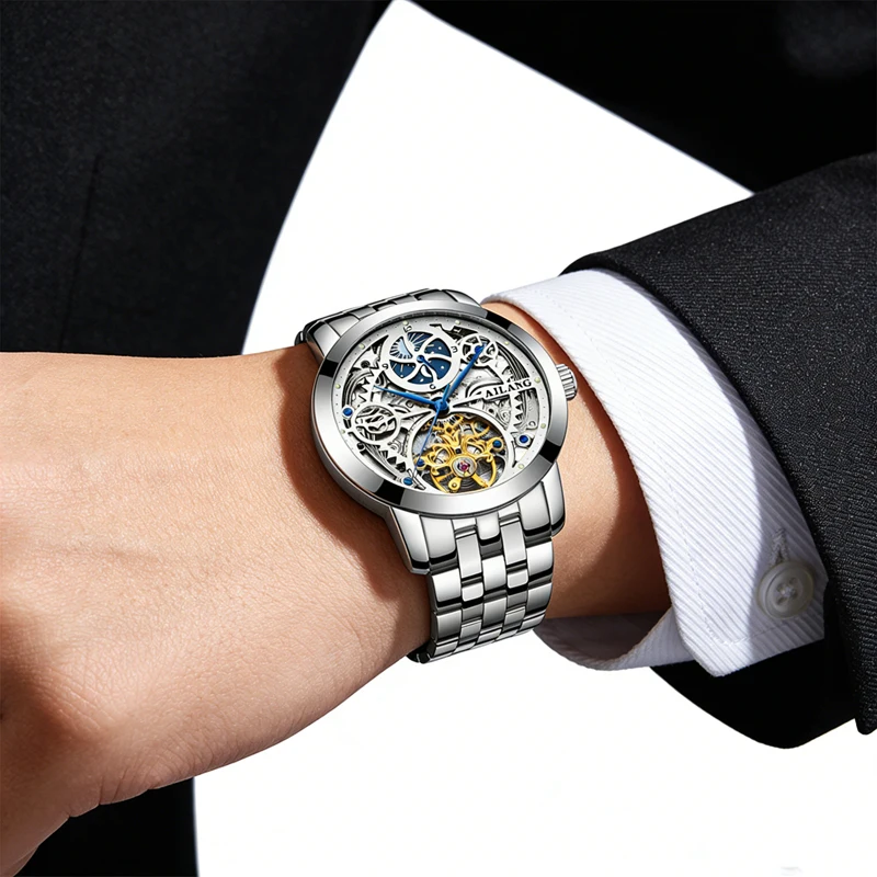 

Luxury Skeleton Tourbillon Watch For Men Automatic Winding Mechanical Watches Stainless Steel Waterproof Watch Male Reloj