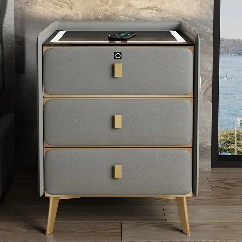 Smart bedside table three-layer drawer leather modern simple light luxury