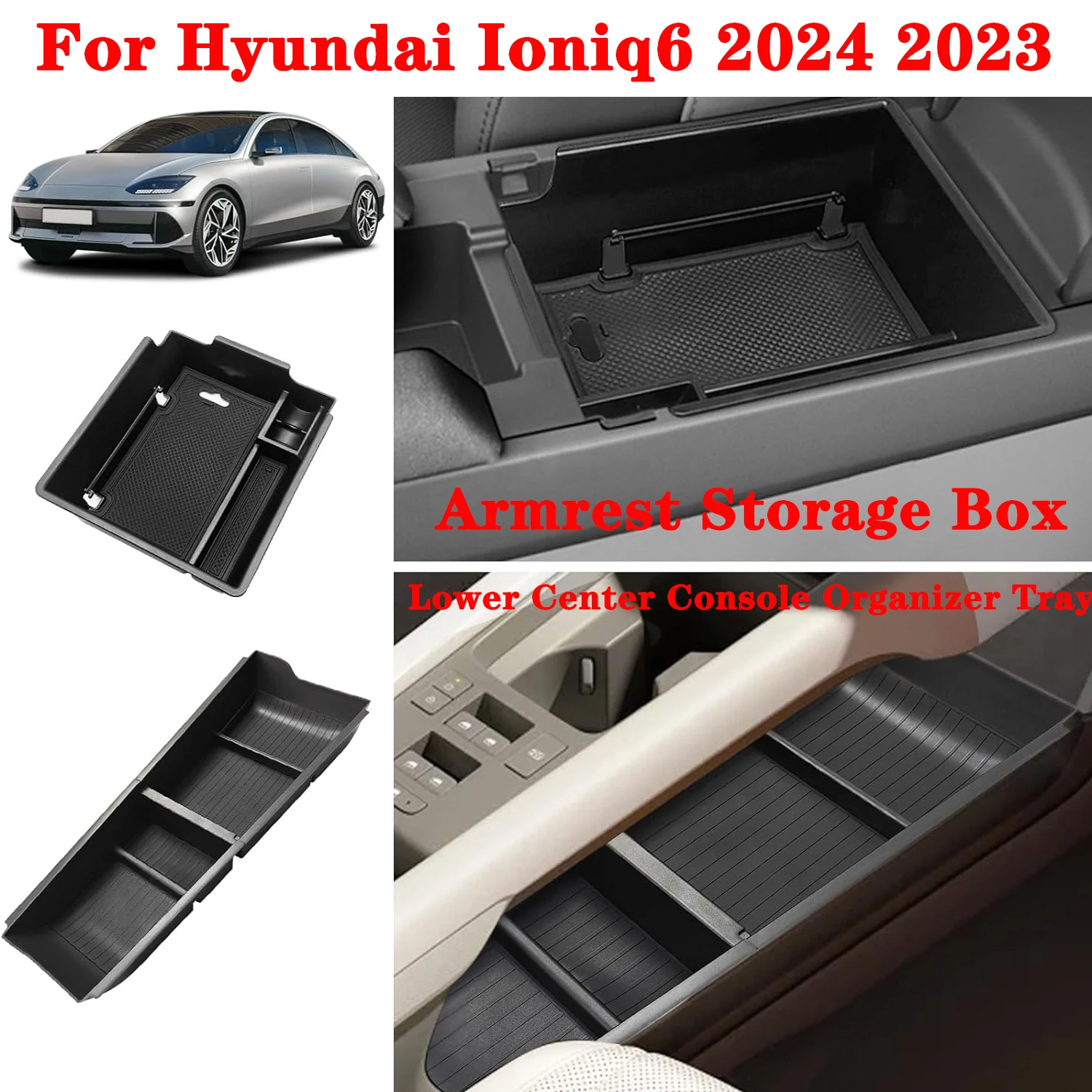 For Hyundai Ioniq 6 2023 2024 2PCS Armrest Storage Box and Lower Center Console Organizer Tray, ABS Material Ioniq6 Accessories