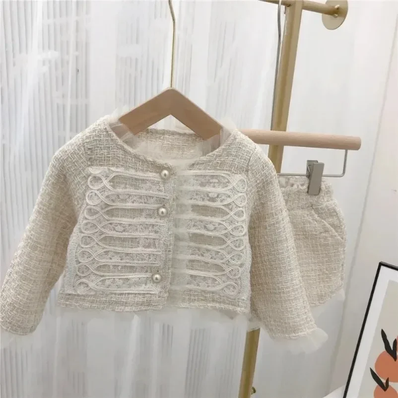 

Весенние пальто для малышей + шорты для девочек, однотонное кружевное фатиновое платье из 2 предметов, модная одежда для девочек 2025 года, новый комплект детской одежды