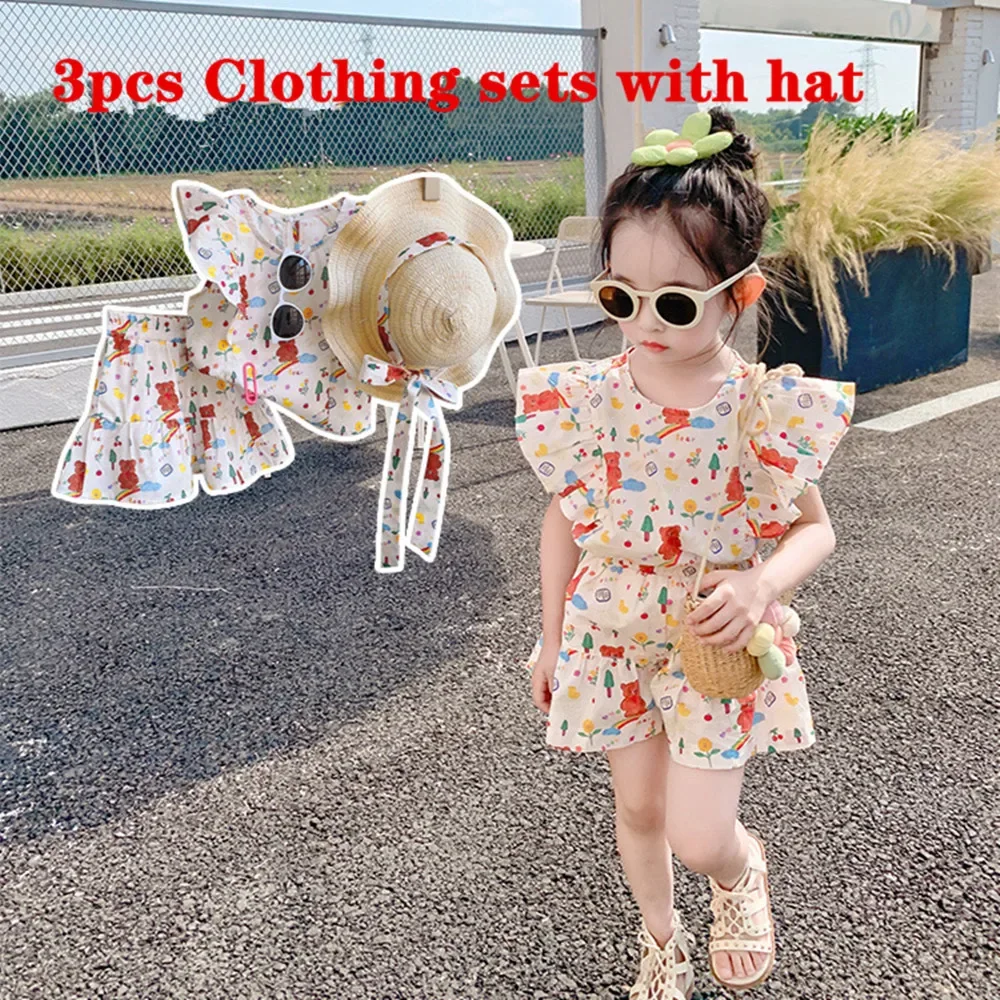 2024 Summer Kids Girls floral Clothing Suits Children Ruffled Top Shirts + Shorts Baby 3pcs Clothing Sets with Sun Hat