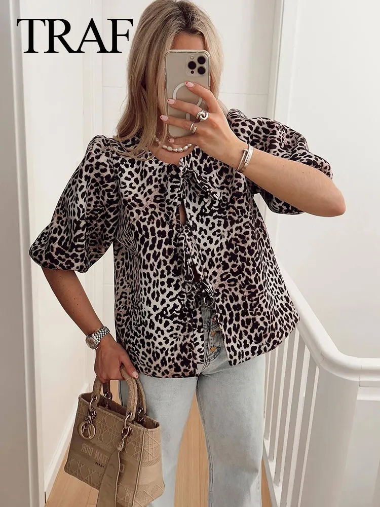 

TRAF 2024 Leopard Print Blouse For Women Summer Fashion Short Puff Sleeves Tops Female Chic Wild Bow Lace Up Casual Woman Shirt