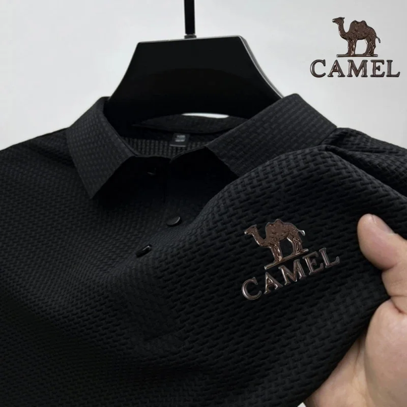 2024 Camel Authentic Badge Summer Men's Short sleeved Polo Shirt with Nylon and Ammonia Blended Simple Solid Color Flower Bone T