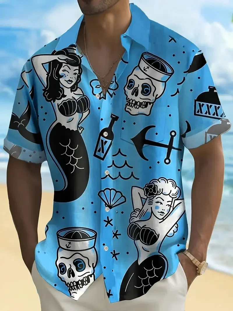 Men\'s Shirt Tops, Cute Graffiti Print, Lapel Bowling Shirt Short Sleeve Casual Summer Hawaiian Shirt Single Breasted Shirt Daily