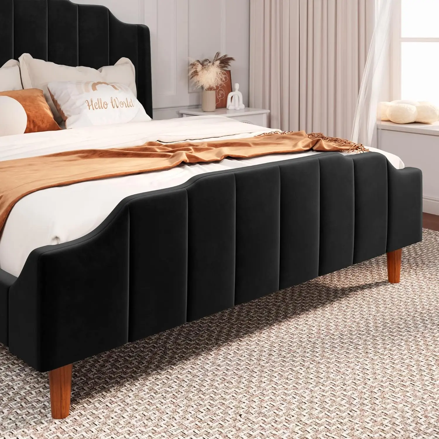 Queen Size Velvet Bed Frame Upholstered Platform Bed w/ Vertical Headboard and Footboard, Solid Wood Leg & Strong Slats Support