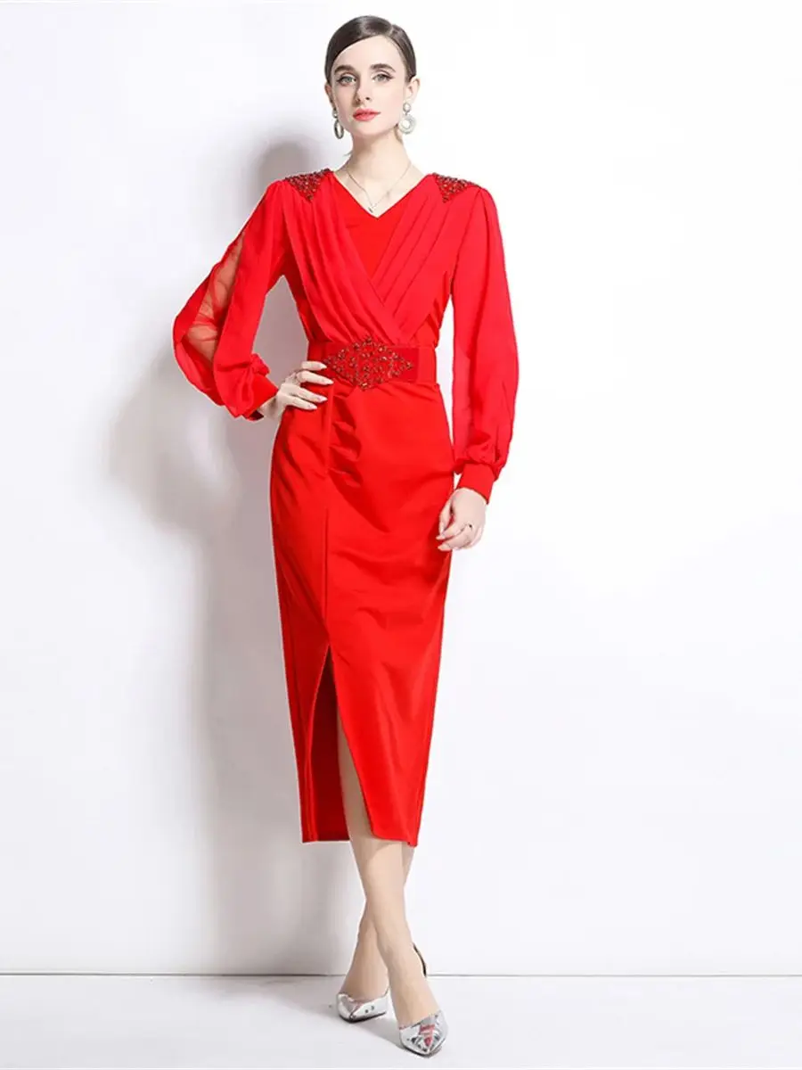 

New Design Luxury Diamonds Deco Mesh Splice Slim Party Dress Robes Femme Autumn Women's Lantern Sleeve Midi Dress with Belt