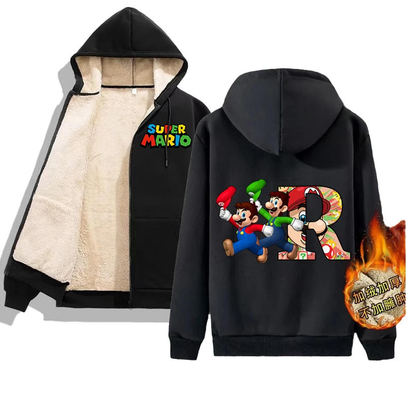 Super Mario Bro Lamb Wool Zipper Jacket for Men Women Anime Fashion Printing Coats Winter Warm Hooded Leisure Coat Adult Clothes