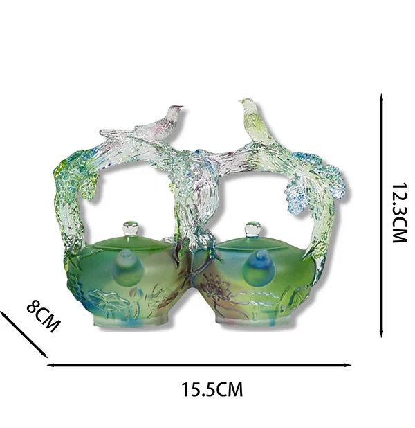 Matched Pair Magpie Liuli pots Wedding Gift Set Symbolizing Marital Bliss Handmade Crystal Art With Double Happiness Motif