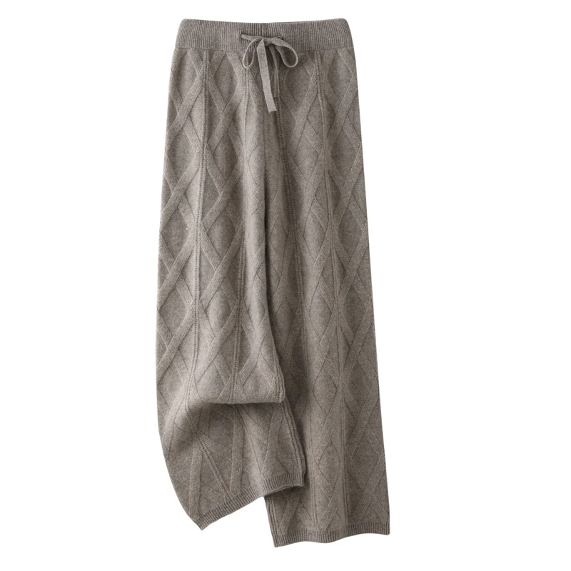 Office Lady Women Wool Pants Autumn Winter Thick Cashmere Wide Leg Trousers 100% Merino Wool Knitted Grace Retro Jacquard Pants