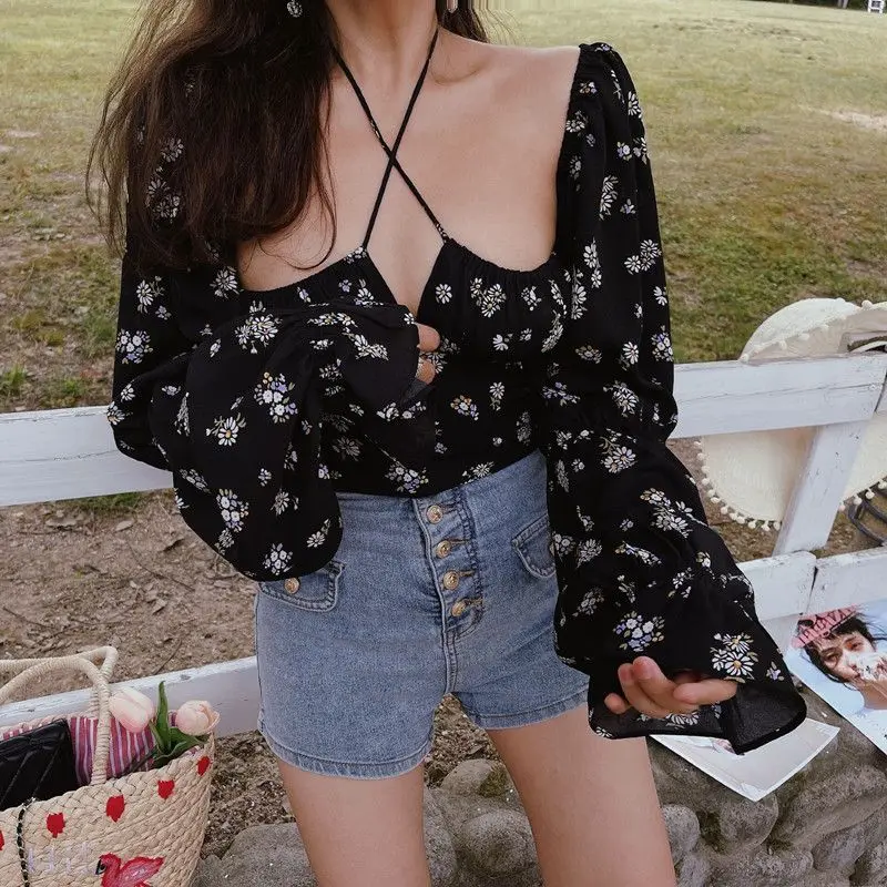 2024 Spring/Summer Large French Retro Square Neck Lantern Sleeves Long Sleeved Shirt Slim Fit Chiffon Top