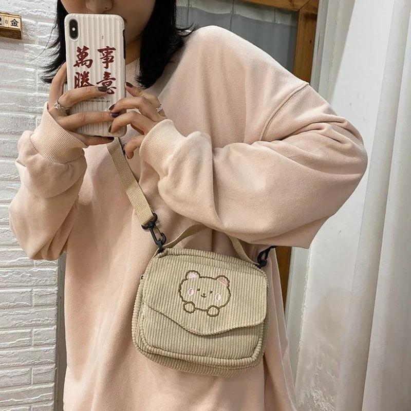 Hot Women Canvas Zipper Bag Preppy Style Student Tote Shoulder Messenger Bag Small Corduroy Bag Satchel Travel Purse Handbag